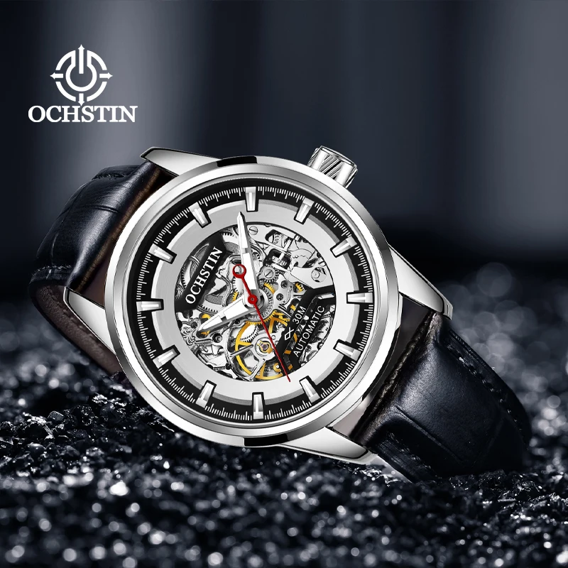 OCHSTIN Men's Skeleton Mechanical Movement Master Collection Watches Male Waterproof Luxury Clock Man Leather Strap Wristwatch