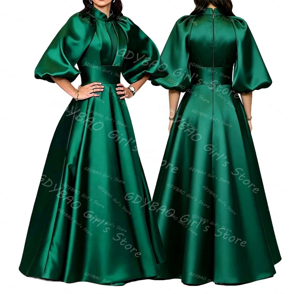 Women's Satin Pleated Sister of the Bride Dress Vintage High Neck Balloon Sleeve Communion Evening Dress Customized Party Gown