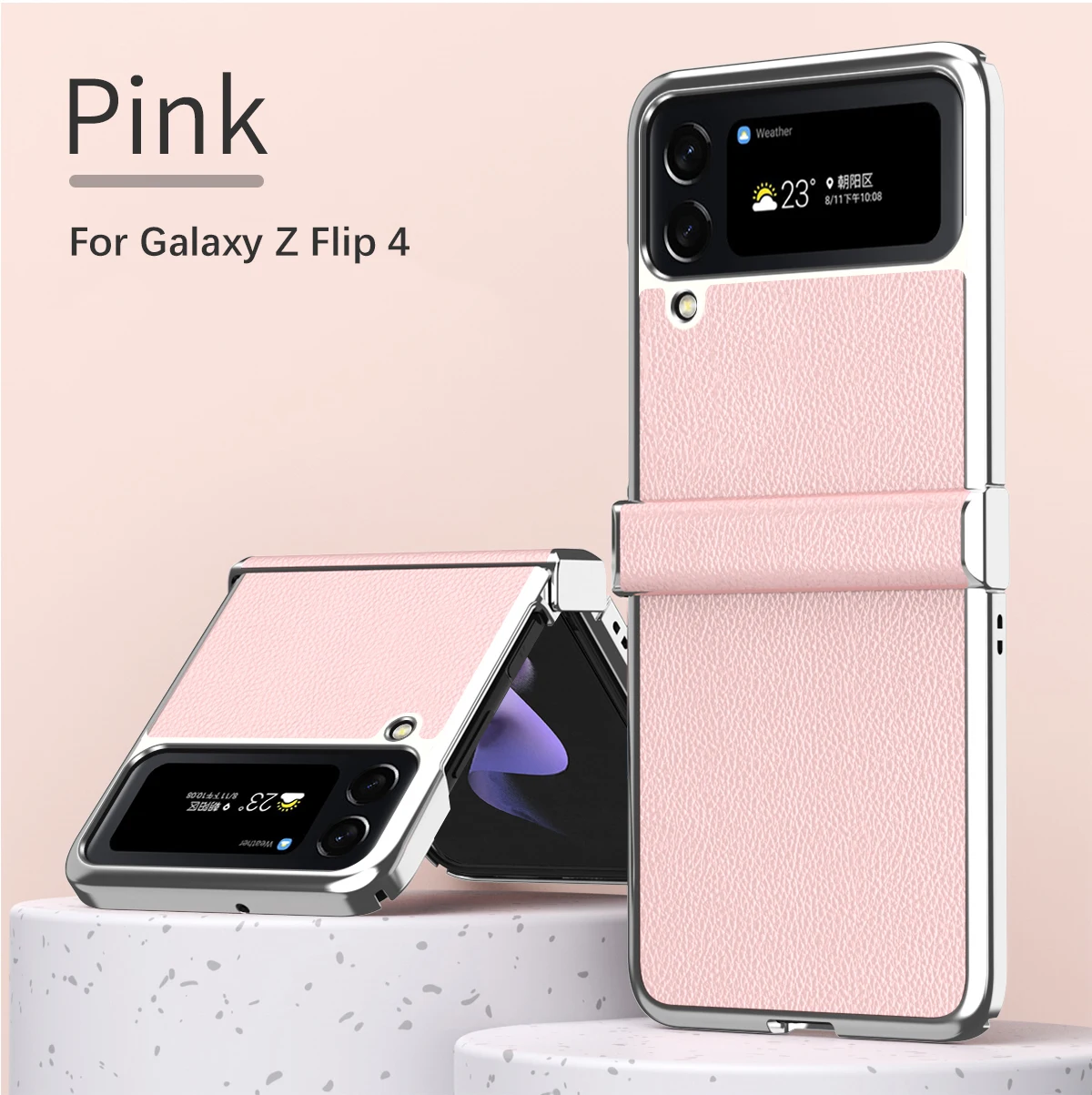 Litchi Pattern Metal Frame For Samsung Galaxy Z Flip 4 Folding Case, Kin-fiendly And Soft,made of comfortable Pebbled leather