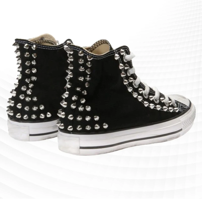 Original black rivet hip hop punk shoes handmade custom made old large size men\'s and women\'s high top canvas sneakers 35-46