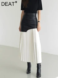 DEAT 2024 White Long Autumn Leather Patchwork A-line Wrap Hip Temperament New Fashion Women's Pleated Skirt 7Z206