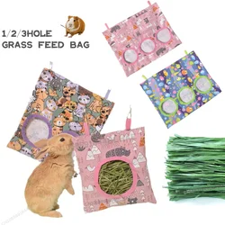 Rabbit 2/3 Holes Hay Feeding Bags Strawberry Printed Guinea Pigs Hanging Feeder Chinchilla Food Organizer Pet Cage Supplies