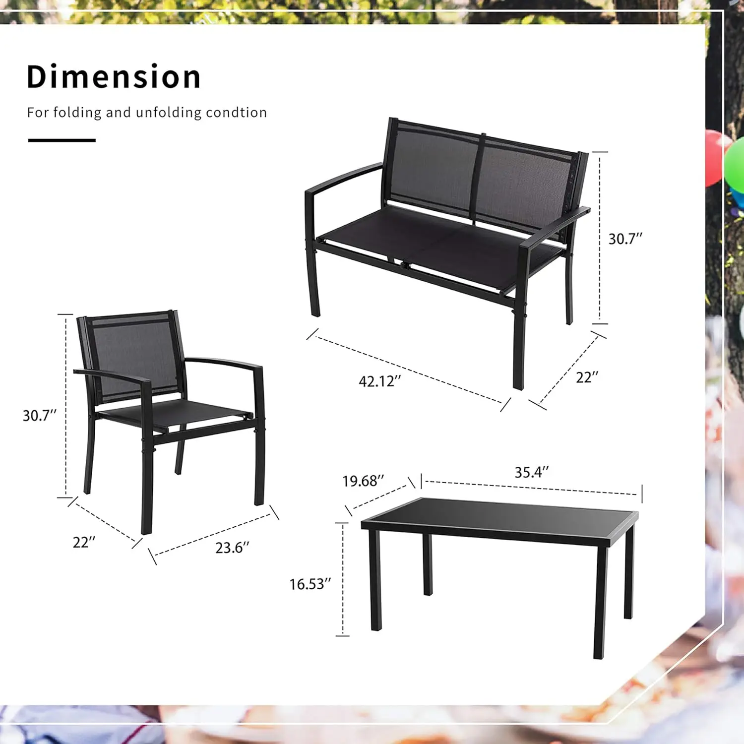 Conjunto de móveis de pátio de 4 peças, tecido têxtil para todos os climas, conjunto de conversa ao ar livre, com mesa de centro de vidro, loveseat, 2 individual