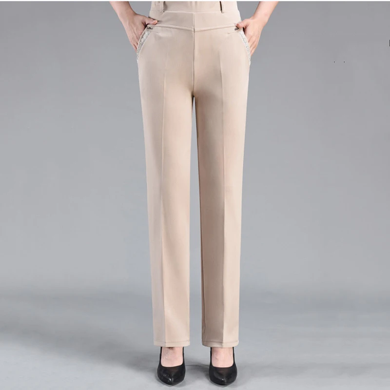 Brand Casual Pants Woman Winter Fleece Fashion High Waist Elegant Slim Black Straight Pants Thicken Large Size Trousers