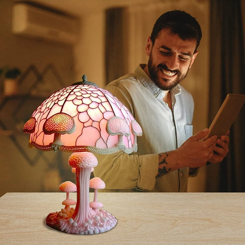 Creative Stained Glass Mushroom Table Lamp Vintage Animal Plant Series Shaped Resin Bedroom Decora Household