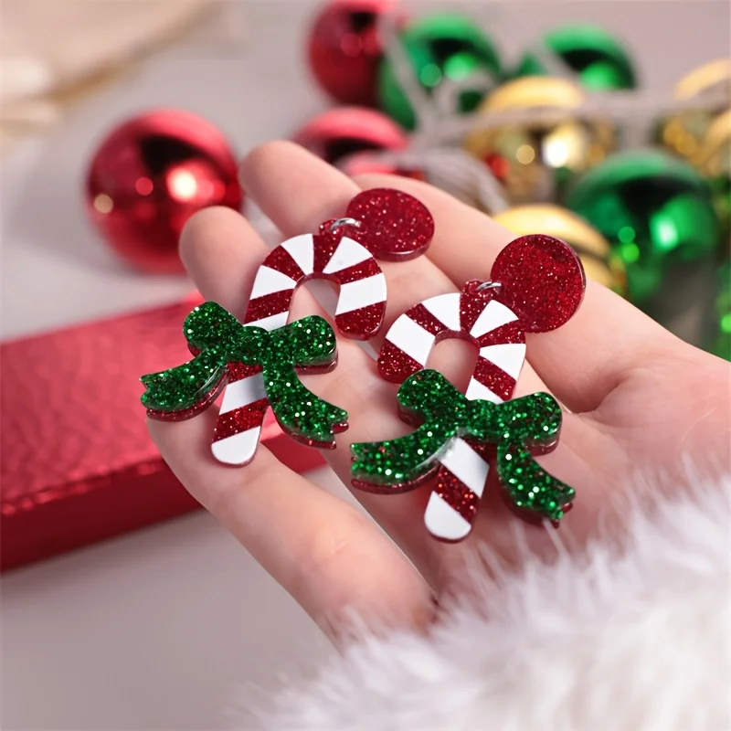 1 pair of cute candy cane earrings made of acrylic material suitable for daily parties, Christmas gifts for mom and family