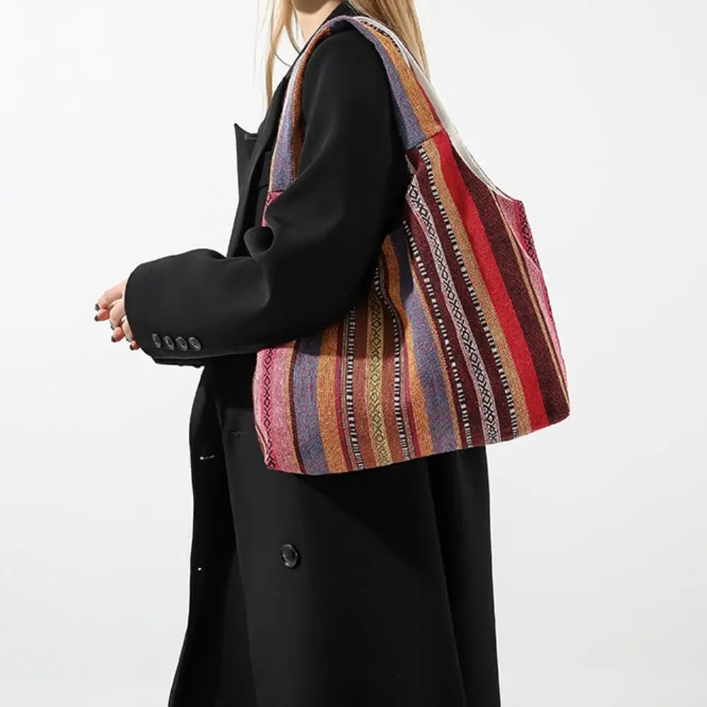 

Vintage Large Capacity Ethnic Style Handbag Canvas Messenger Bag Bohemian Tote Bag Stripe Geometric Retro Shoulder Bag Travel