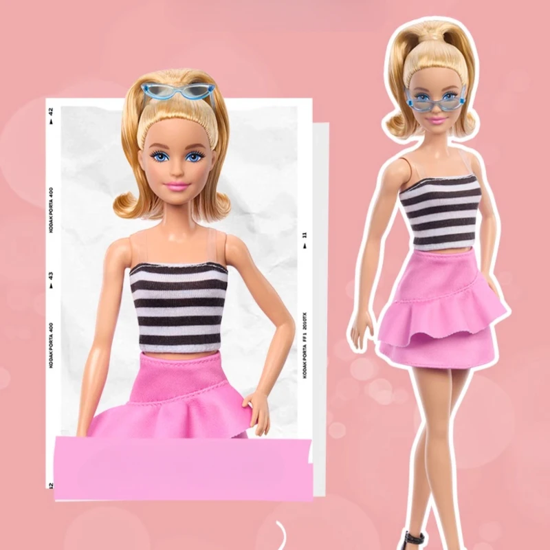 Originele Barbie Pop Fashionista Kids Speelgoed Voor Meisjes 65-jarig Jubileum Blonde Haarpoppen Gestreepte Jurk Accessoires Juguetes Cadeau