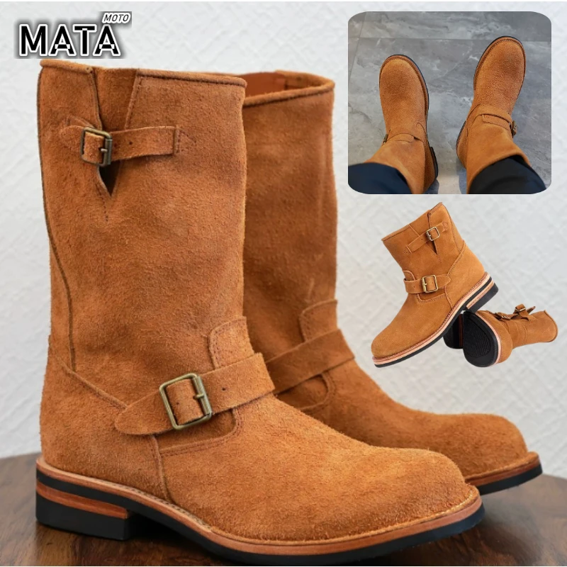 

Hand-lined Anti-fur Leather Engineer Boots American Vintage Mid-barrel Motorcycle Desert Boots Genuine Leather Knight Boots