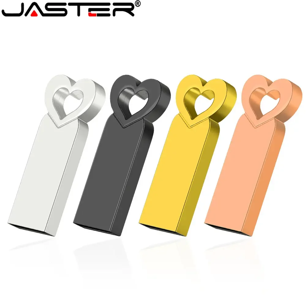 JASTER Free Custom Logo USB Flash Drives 128GB Heart Metal Memory Stick 64GB Free Key Chain Pen Drive 32GB Creative Wedding Gift