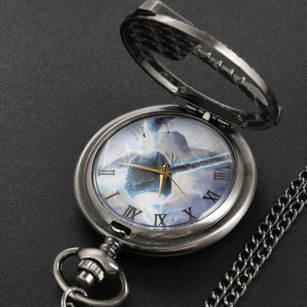 Film and Animation Thunder Hammer Logo Quartz Pocket Watch Hollow Chain Watch Men's and Women's Pendant Necklace Gift Cf1508