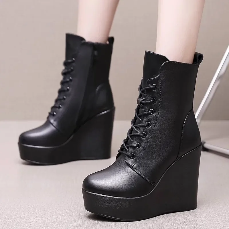 10cm Small Size 33-43 Vintage Thick Bottom Platform Wedges Boots Winter 2025 Women's High Heels Ankle Motorcycle Boots Office