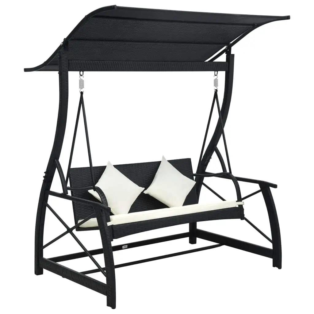 Elegant 3-Seater Garden Swing Bench with Canopy - Durable Black Poly Rattan Outdoor Furniture