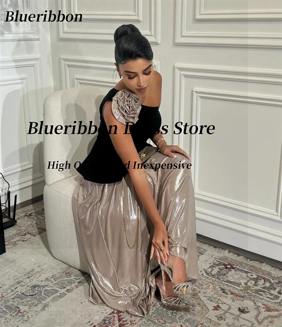 Blueribbon Bespoke Prom Dresses Contrast Color Flower One Shoulder Evening Gowns Long Ruched Wedding Party Dress Saudi Arabia