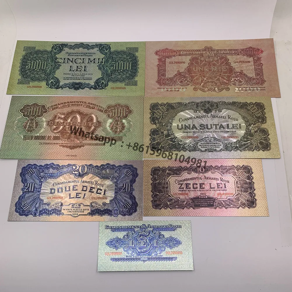 

New 7 pcs/ lot Romania gold banknote 5-1000 LEI souvenir Currency Romanian Business Gift for Collection