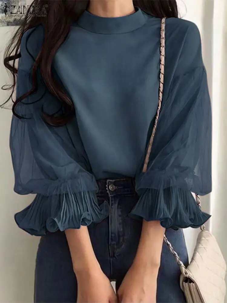 ZANZEA Women Elegant Party Blouse Chic Mesh Ruffle 3/4 Sleeve Tops 2024 Autumn Designer Stand Collar Shirts Korean Loose Tunics