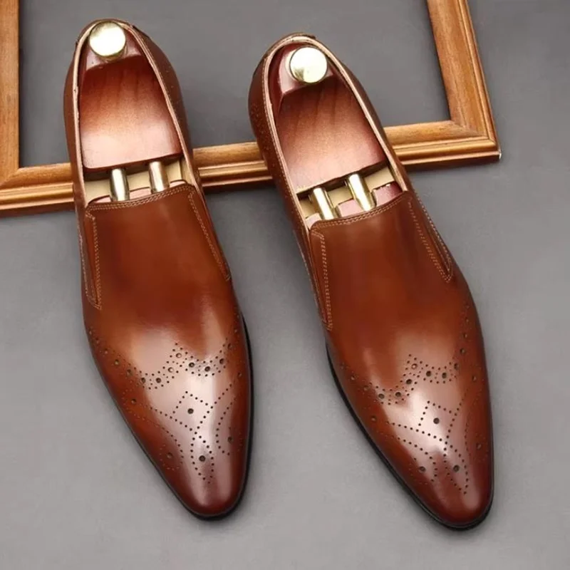 British Style Leather Shoes For Men Brogue Genuine Leather Loafers Pointed Toe Dress Shoes Breathable Slip-on Summer Sandals