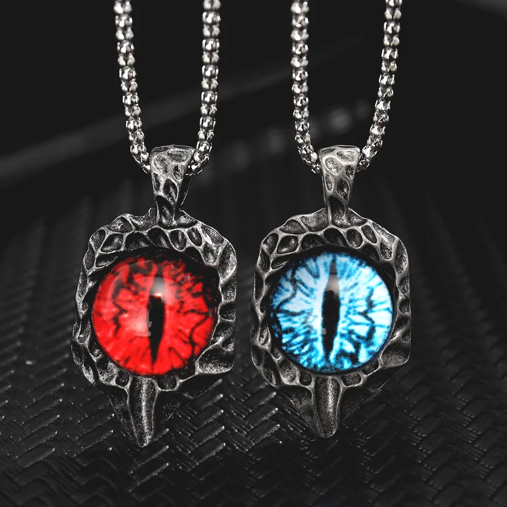 Hip-Hop New Trendy Red Eye Stone Inlaid Pendant Necklace Eye of The Devil Pendant Men\'s Character Retro Devil Eye Pendant Chain