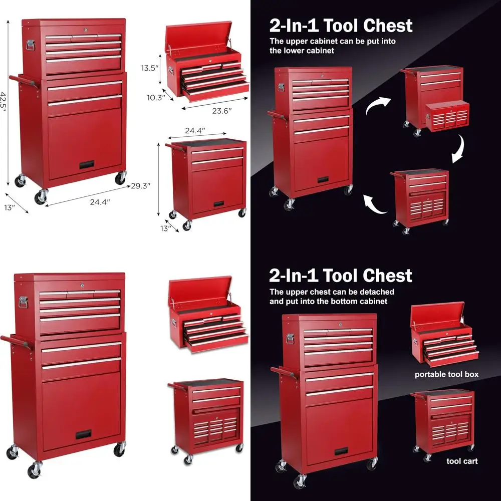 

8 Drawer Mobile Tool Chest with Detachable Top Box, Lockable Wheels, Side Hooks, and Liner for Garage Storage