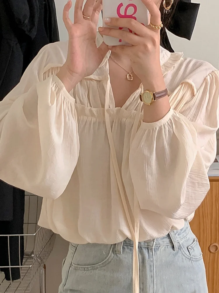 Woherb 2024 Blusas Mujer Korean Chic White Blouse for Women V Neck Sweet Ruffles Shirts Long Sleeve Loose Elegant Blouses Tops