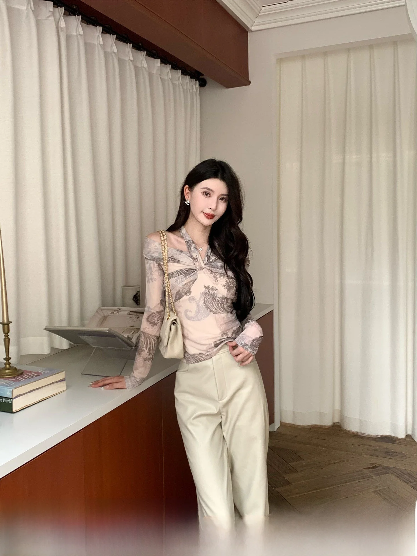 

Kun Total Women's Slim Fit Printed Shirt One Shoulder Design Casual Style Long Sleeve Ultra Short Length Fashionable Top