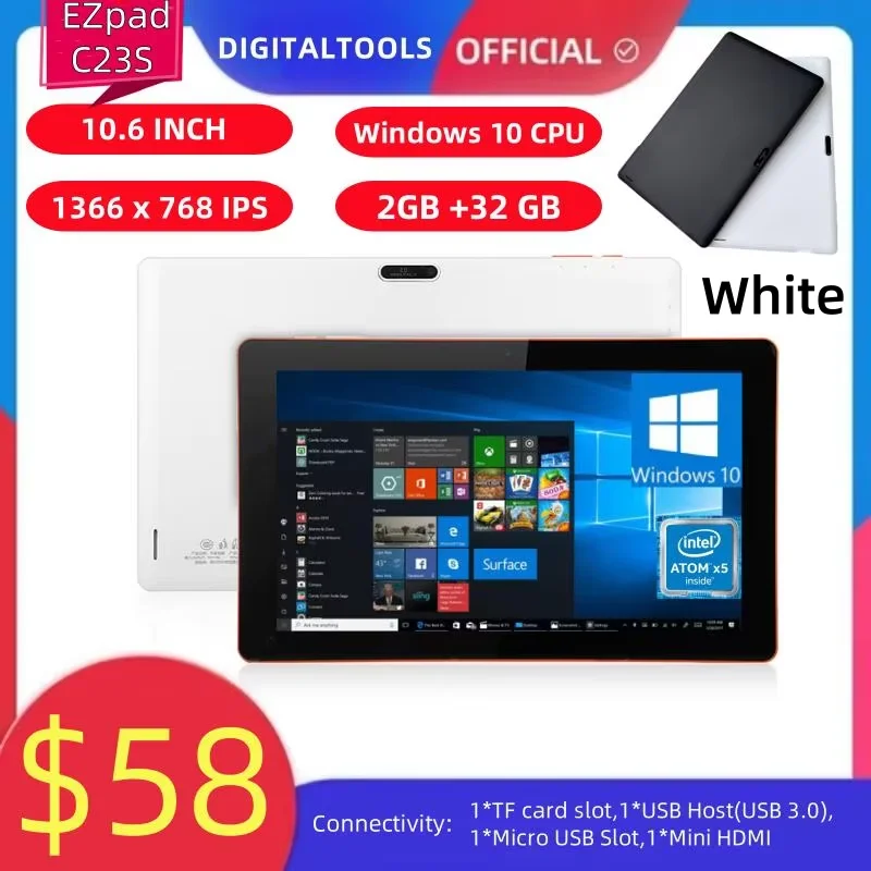 32비트 10.6인치 윈도우 10 태블릿 PC 2GB 램 32GB 저장용량 X5 Z3735F 쿼드 코어 1.33GHz 1366 x 768 픽셀 WIFI HD-MI 6600mAh ﻿