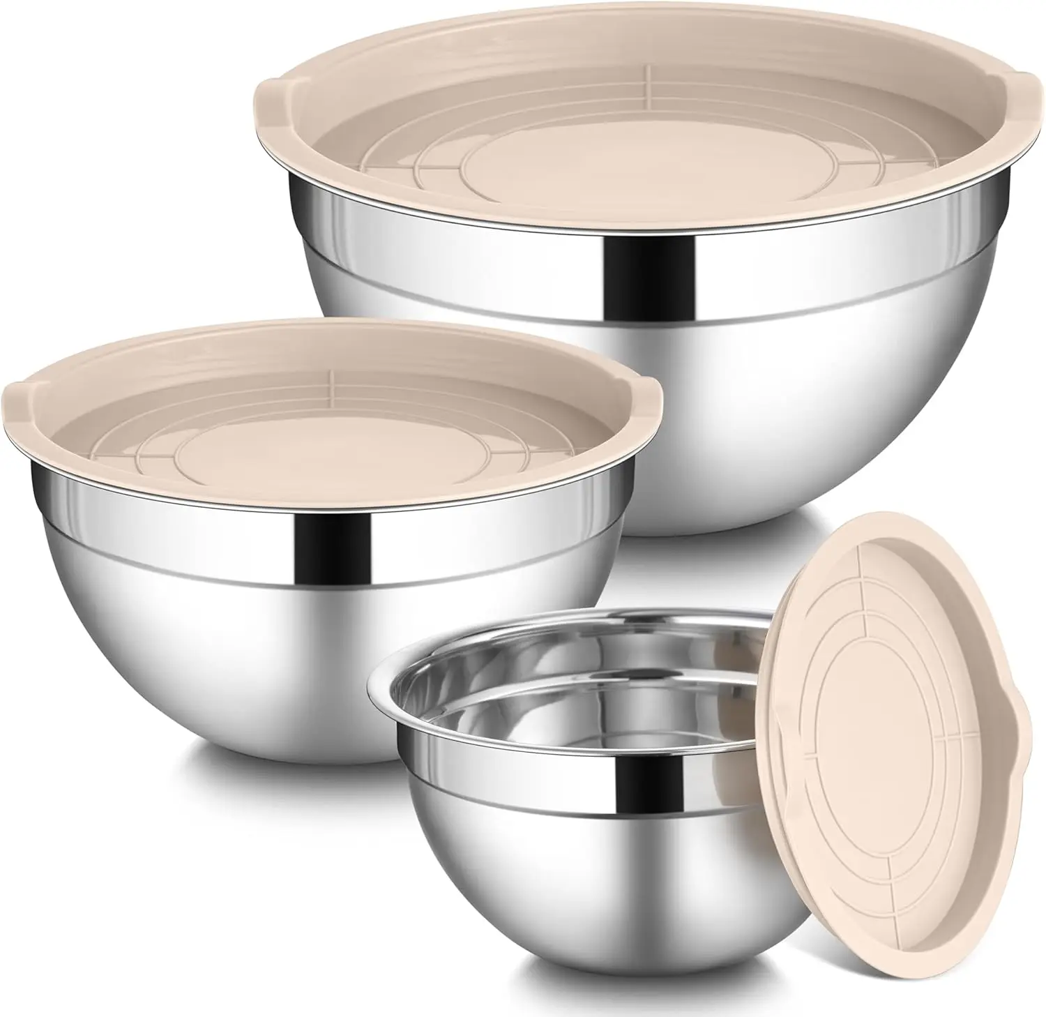 

3-Pack Stainless Steel Mixing Bowls with Airtight Lids, Nesting, Dishwasher Safe, Khaki