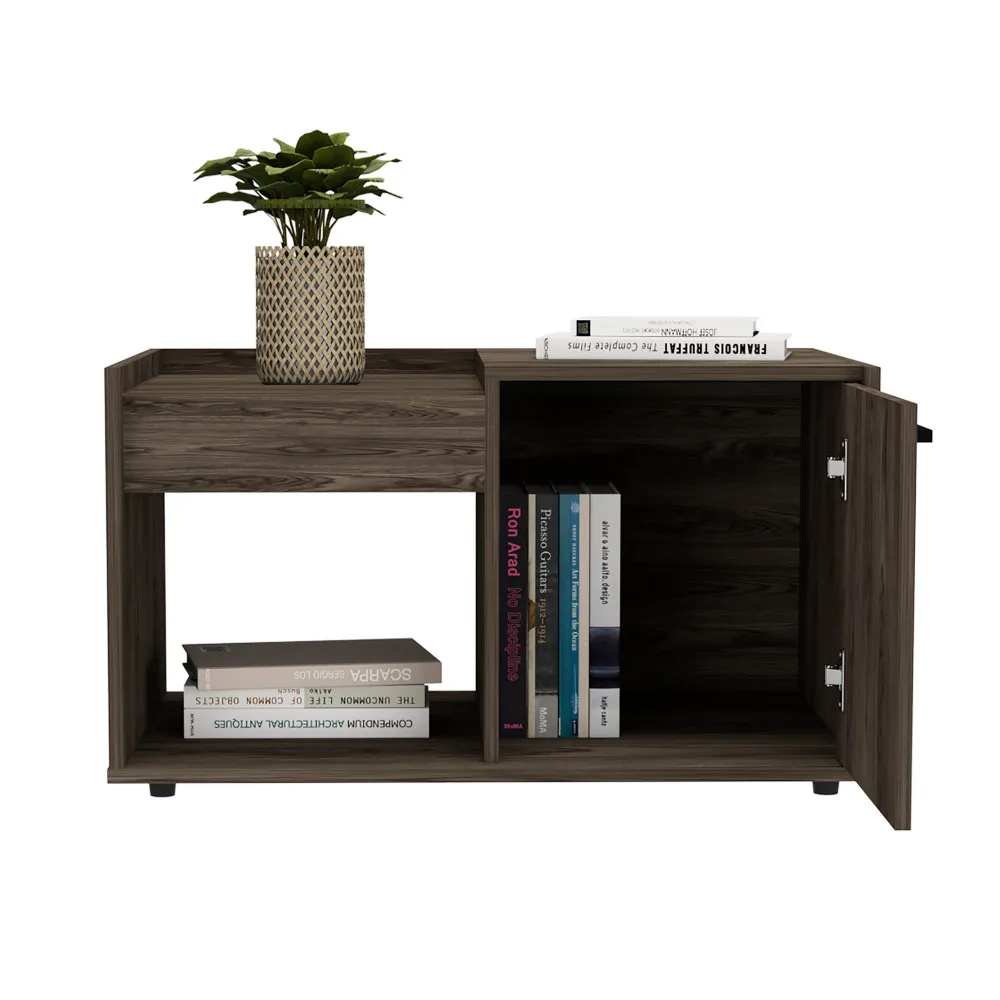 Coffee Table One Open Shelf Single Door Cabinet Dark Walnut