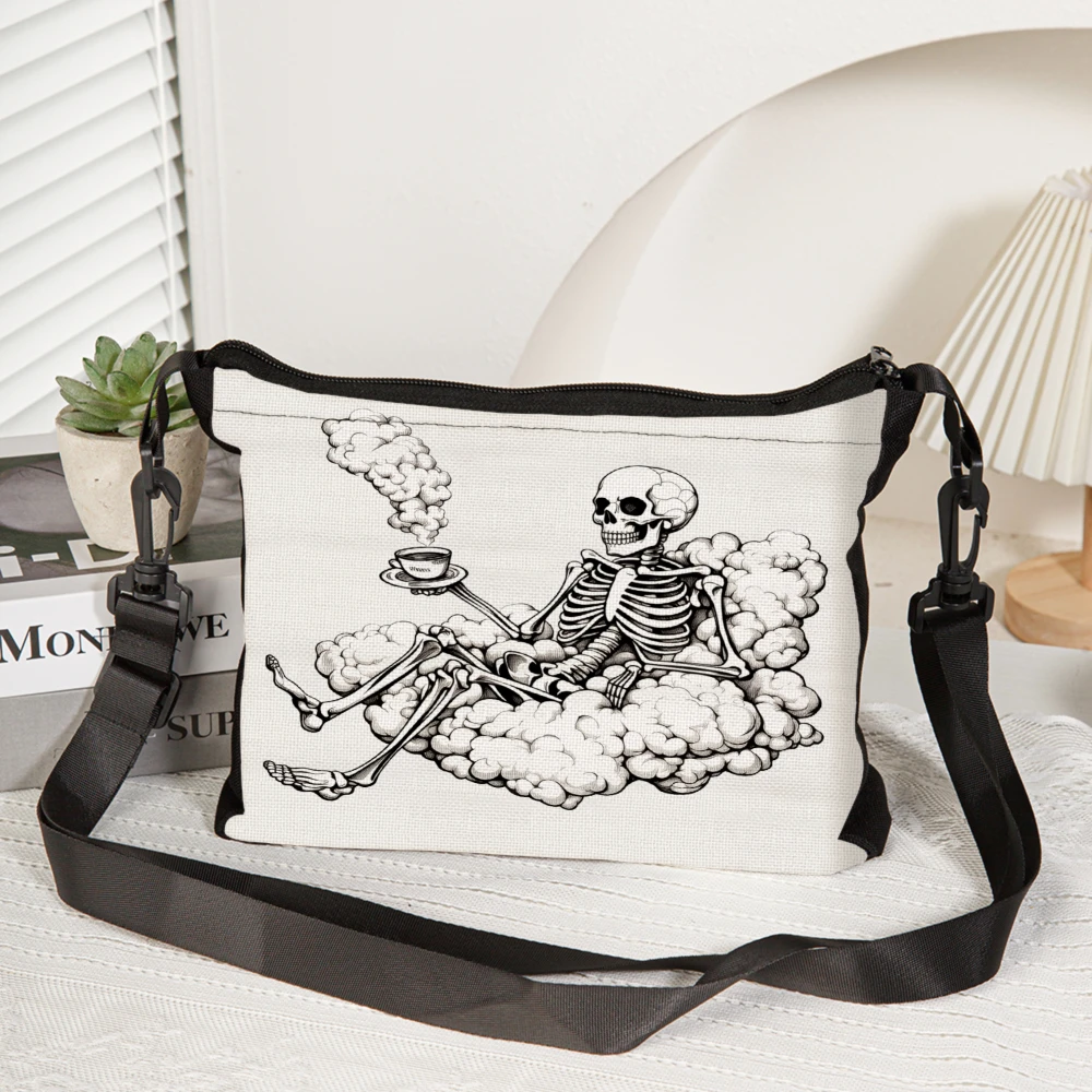 1pc Skeleton Drinking Tea On Cloud Crossbody Bag White Skull And Clouds Print Shoulder Bags For Women Men Casual Daily Use Trave