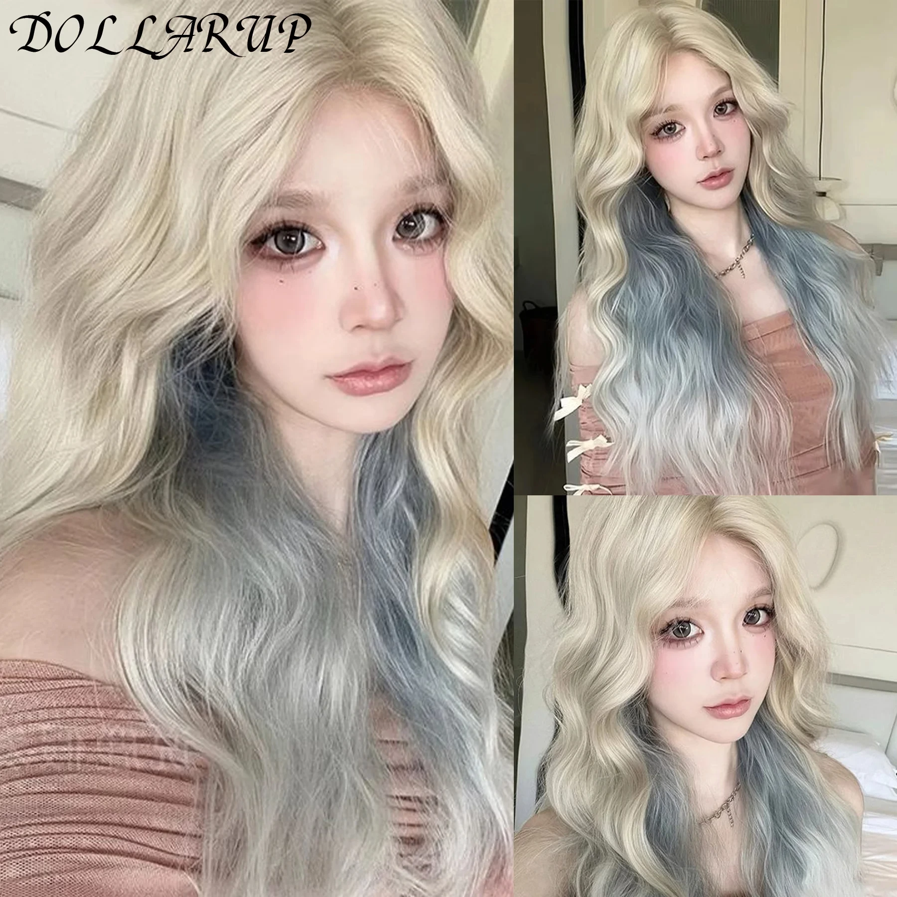 

JKL Blonde Ombre blue Natural Hair Wigs for Women Long Wavy With Synthetic Wig for Women Heat Resistant Coaplay Wigs