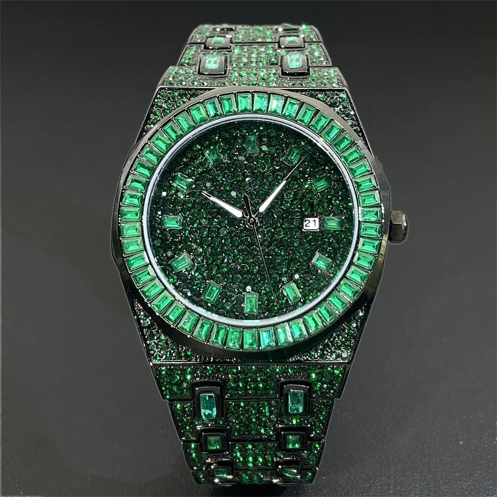 MISSFOX Watches For Men Classic Green Date Waterproof Male Quartz Reloj Fashion Luxury Stainless Steel Diamond Men's Wristwatch