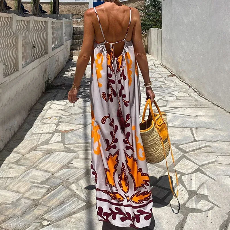 

Womens Fashion Printed Vacation Maxi Dress Spring Sexy Square Collar Loose Long Dress Summer Backless Lace-up Sling Boho Dresses