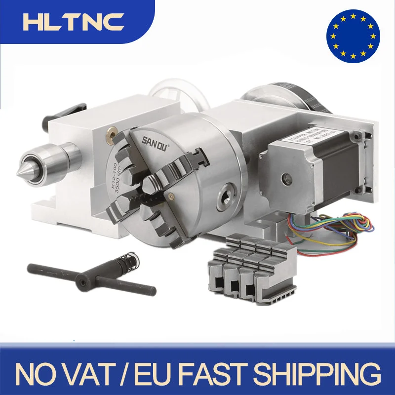 HLTNC CNC Rotary Axis 4 Jaw Chuck With Nema23 Nema34 Stepper Motor  And 65mm Center Height Activity Tailstock For Engraver