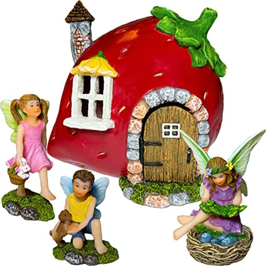 

Fairy Garden Figurines - Strawberry House Set 4 pcs - Miniature Decorative Statues and Accessories - Outdoor and Indoor Garden
