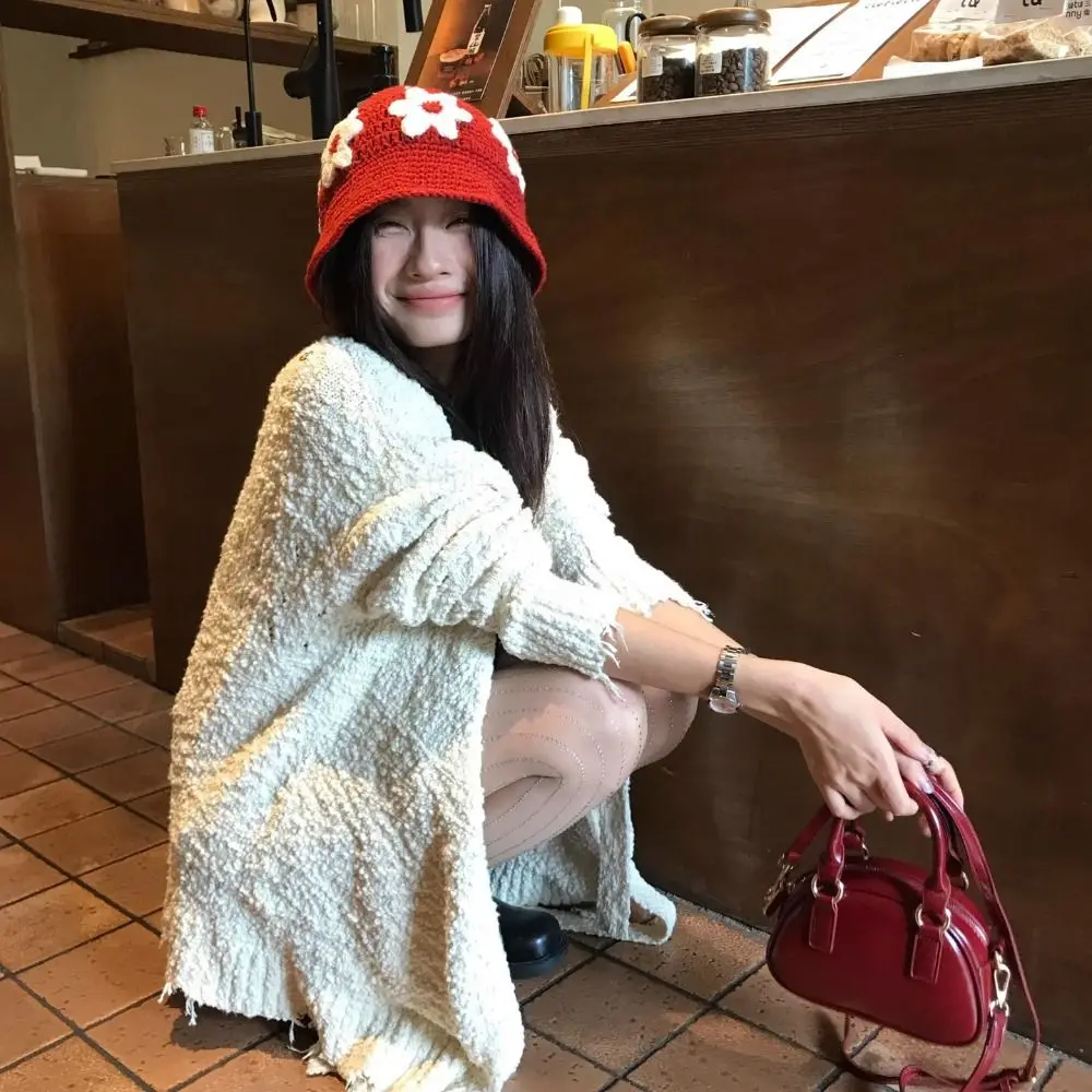 Bonito artesanal crochê flor chapéu de malha doce bonito gorros chapéu estilo coreano feminino pescador chapéu acessórios de vestuário