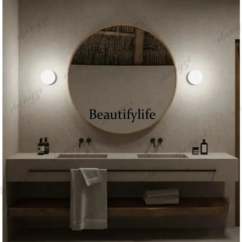 Cream retro wabi style bathroom cabinet micro cement basin hand washing cabinet integrated basin