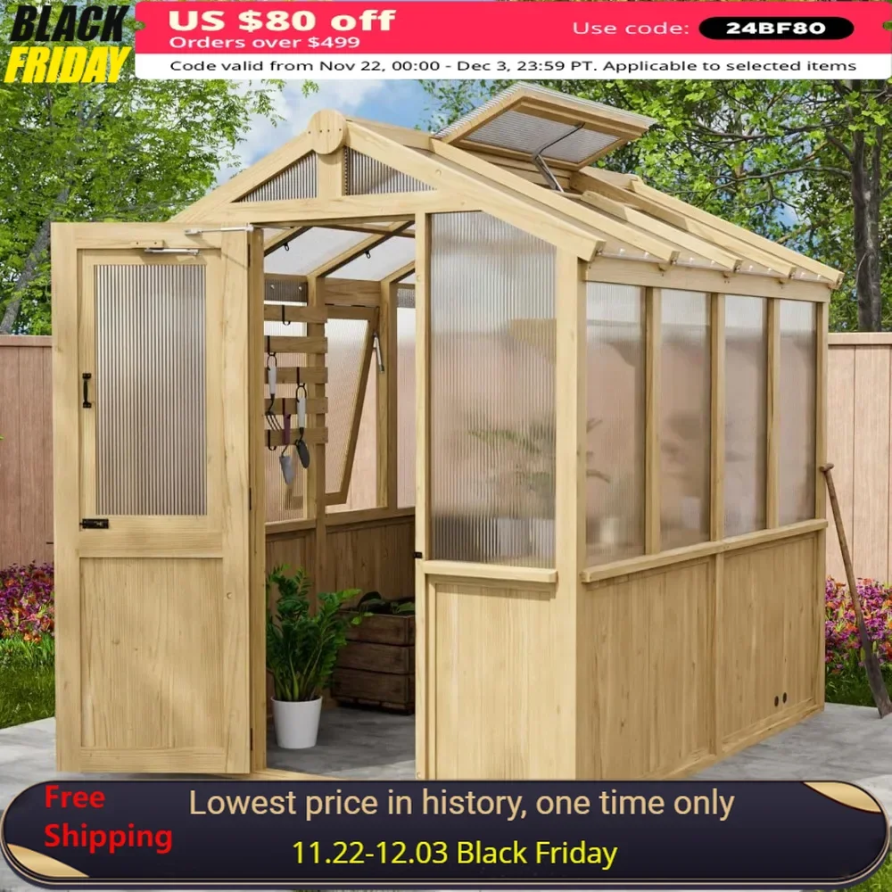 6.7x7.8x7.7 Ft Greenhouse, Wood and Polycarbonate Walk-in Greenhouses, Cedar Hobby Green House with Roof Vent, Greenhouse