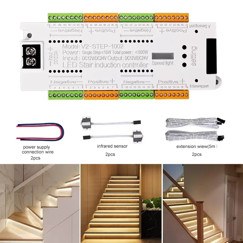 Controlador de Luz para Escadas com Sensor de Movimento PIR V2, 32 Canais, para Iluminação LED de Escadas com Fita LED Regulável DC12V 24V