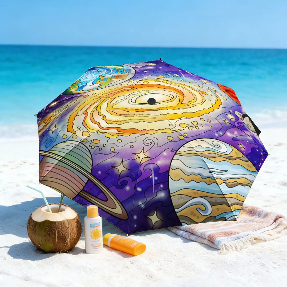 1PC Colorful Galaxy-Themed Umbrella by the Lake Print 8 Iron Ribs Folding Umbrella Auto-Open Fashion Sunshade