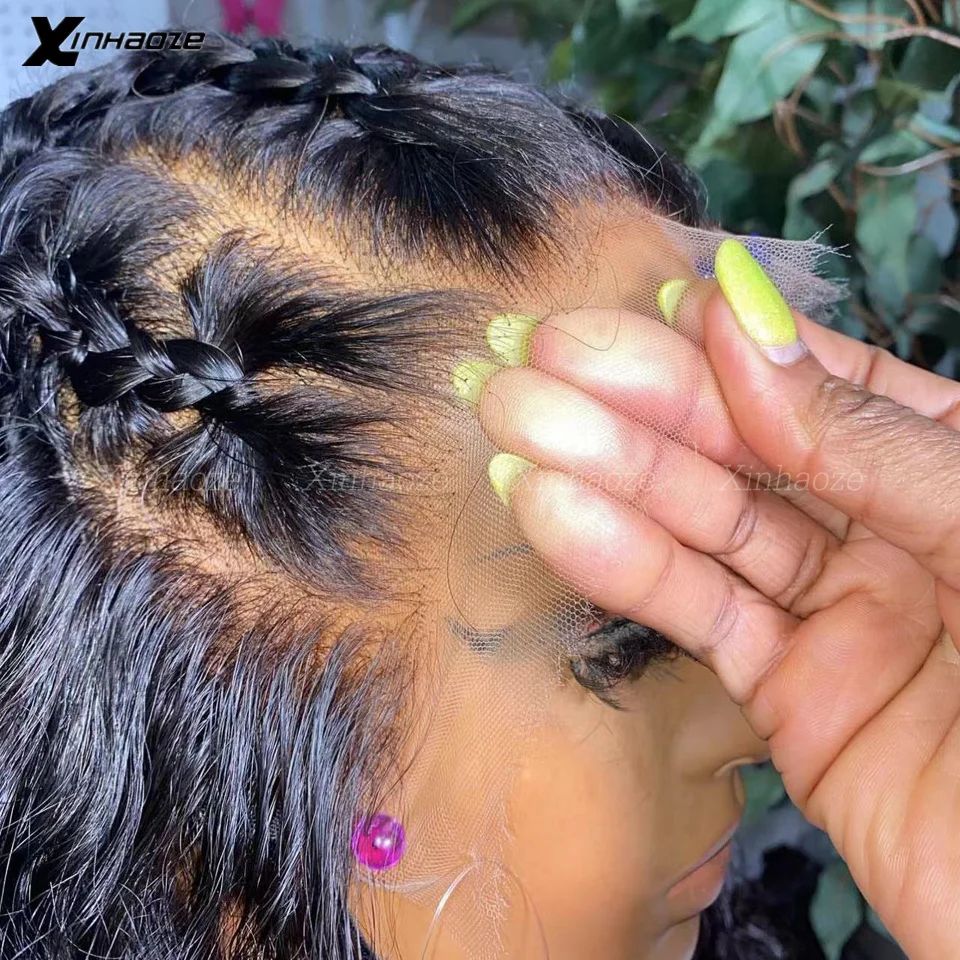 Peruca profunda encaracolada cheia do laço para mulheres, perucas de cabelo humano, pré arrancadas, brasileiras, onda de água, perucas cheias do laço, cabelo do bebê ao redor