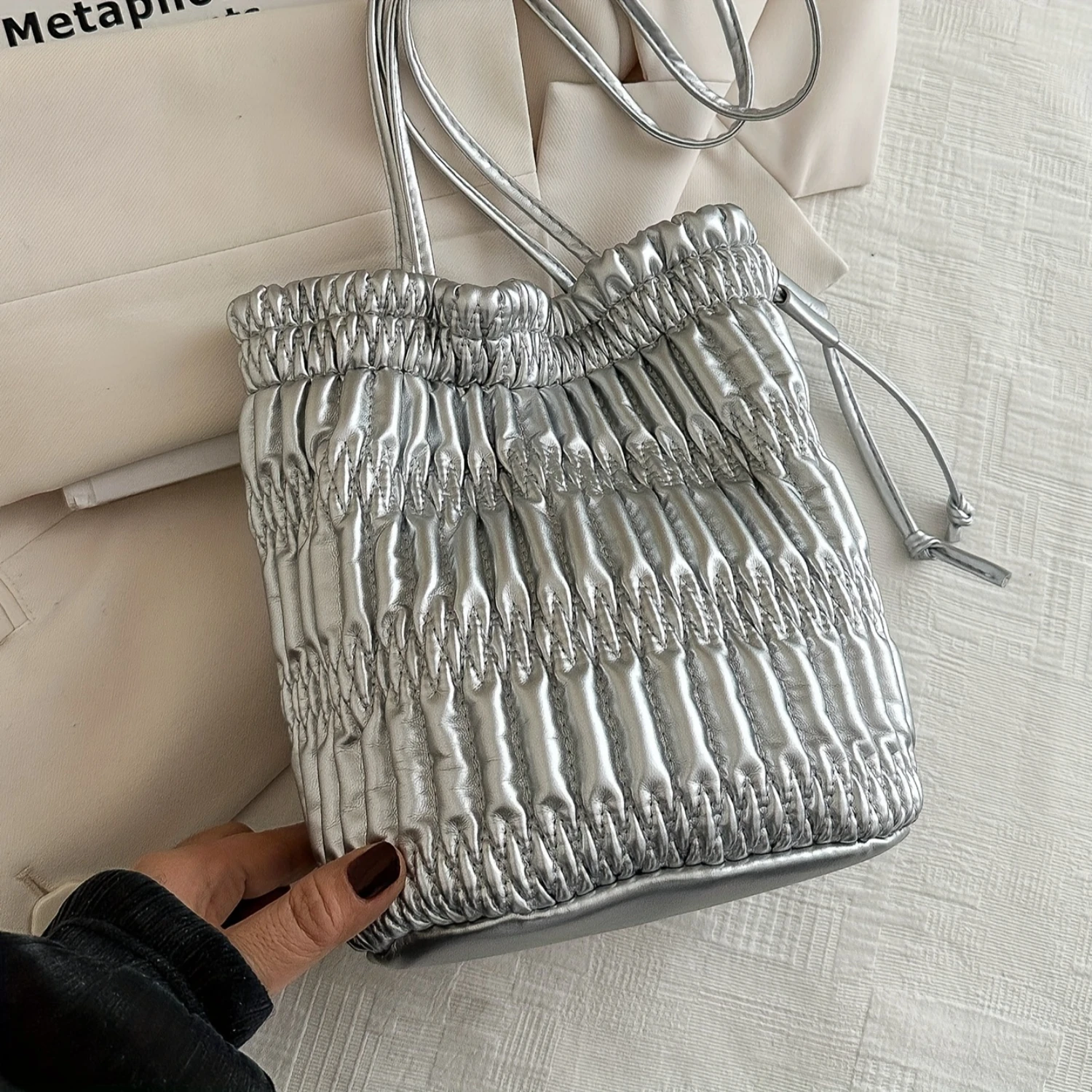 PU Leather Pleated Bucket Bag, Fashionable Shoulder Bag, Underarm Tote