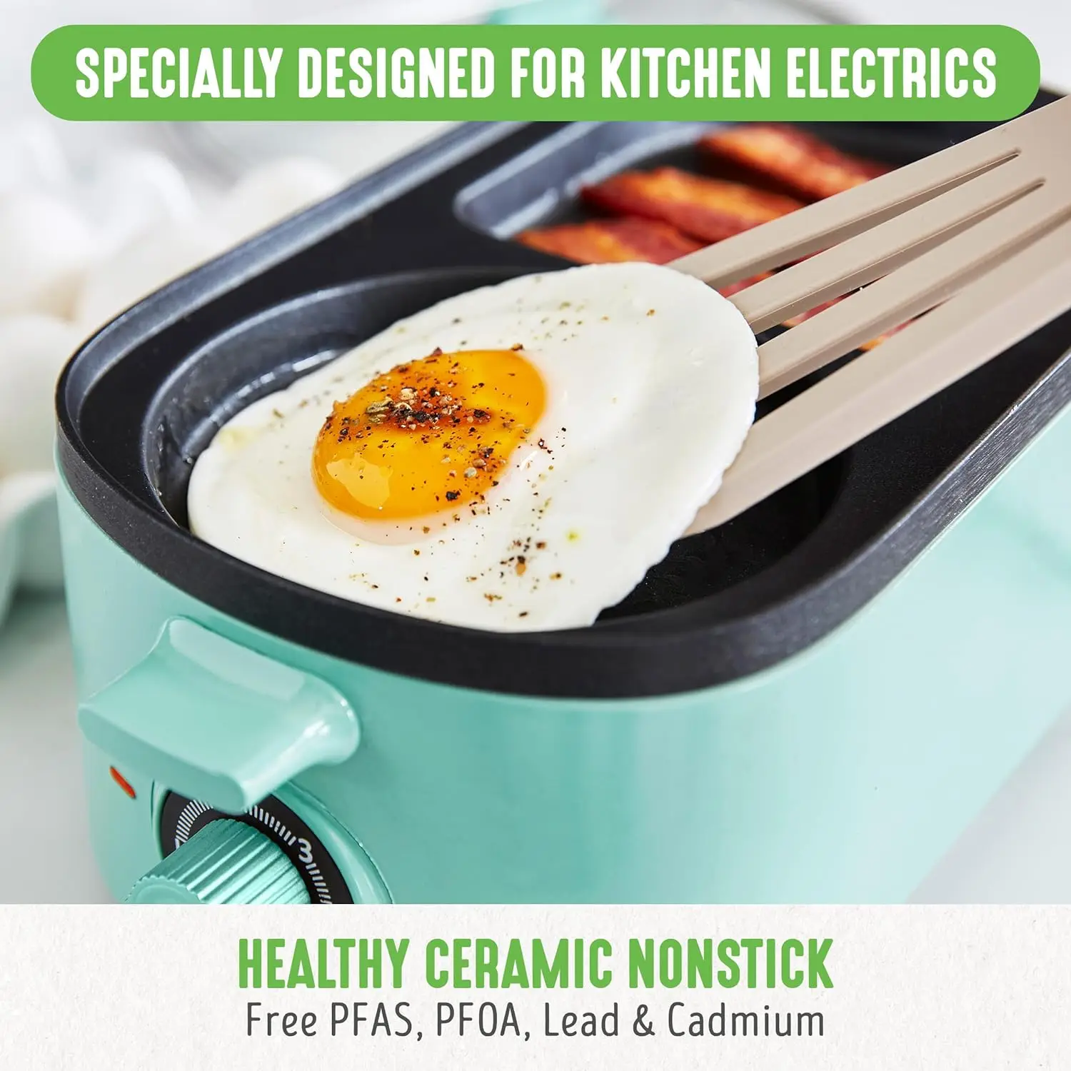 3-in-1 Breakfast Station, Ceramic Nonstick PFAS-Free Dual Griddles for Eggs Meat Pancakes & Sandwiches + 2-Slice Toast Drawer,