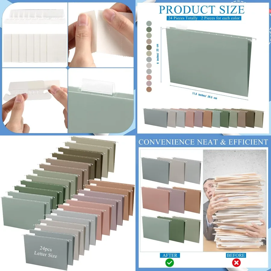 

24 Pcs 11.6 x 9 Inches Multicolor Decorative Hanging File Folders with Tabs for Home Classroom Office and School Supplies Lette