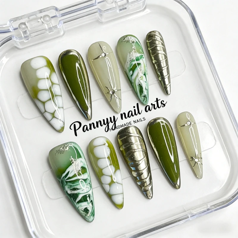 

10Pcs Long Almond Handmade Press on Nails Olive Green Marble Snake Scale with Silver Star Decor Full Cover Fake Nails for Women