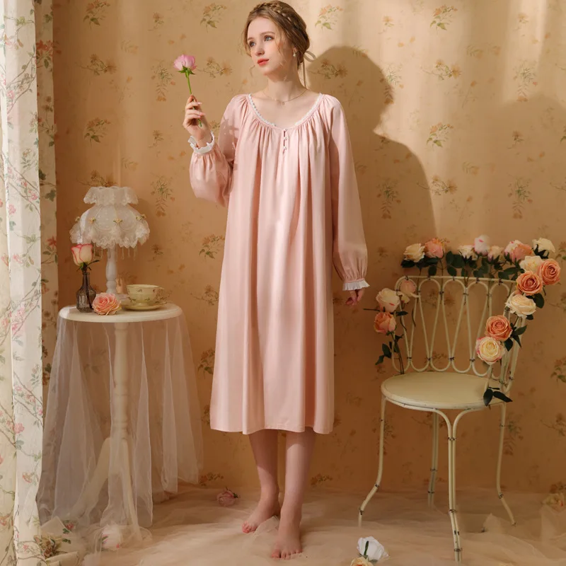 Women Autumn Full Sleeves Cotton Sleepwear Simple Round Neck Plus Size Nightdress Long Mid-Calf Loose Nightie Casual Home Dress