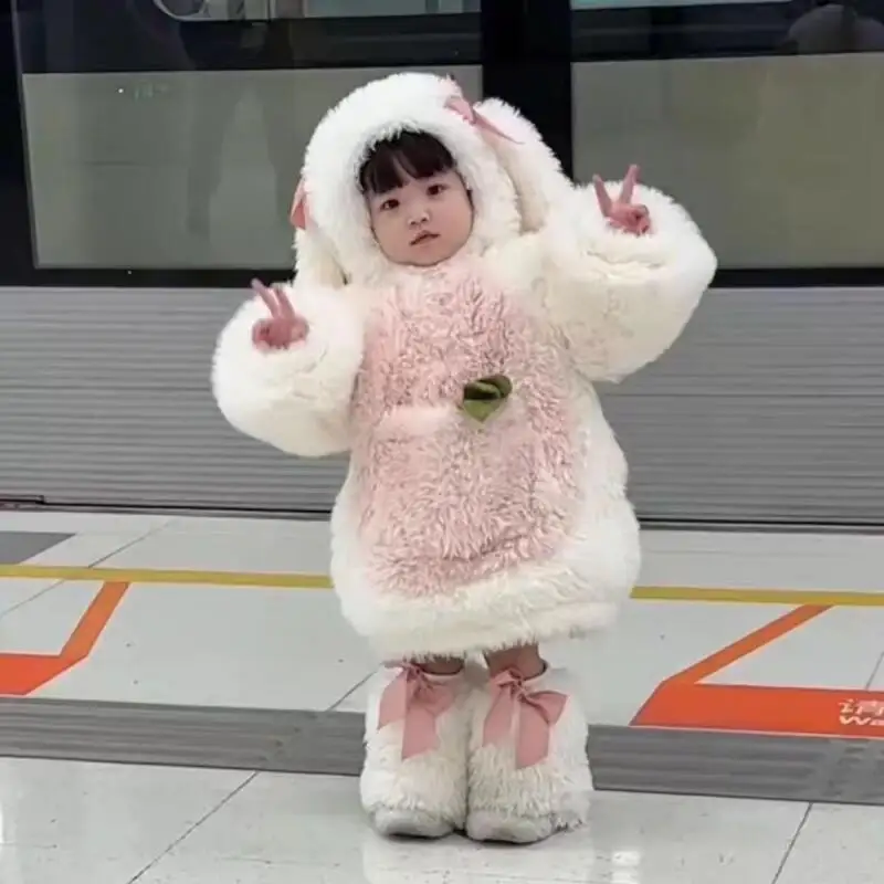 Winter Cartoon Girl Fluffy Sweater Suit Fleece-Lined Cute Rabbit Clothes Keep Warm Sweater Shorts Two-Piece Set Birthday Gift