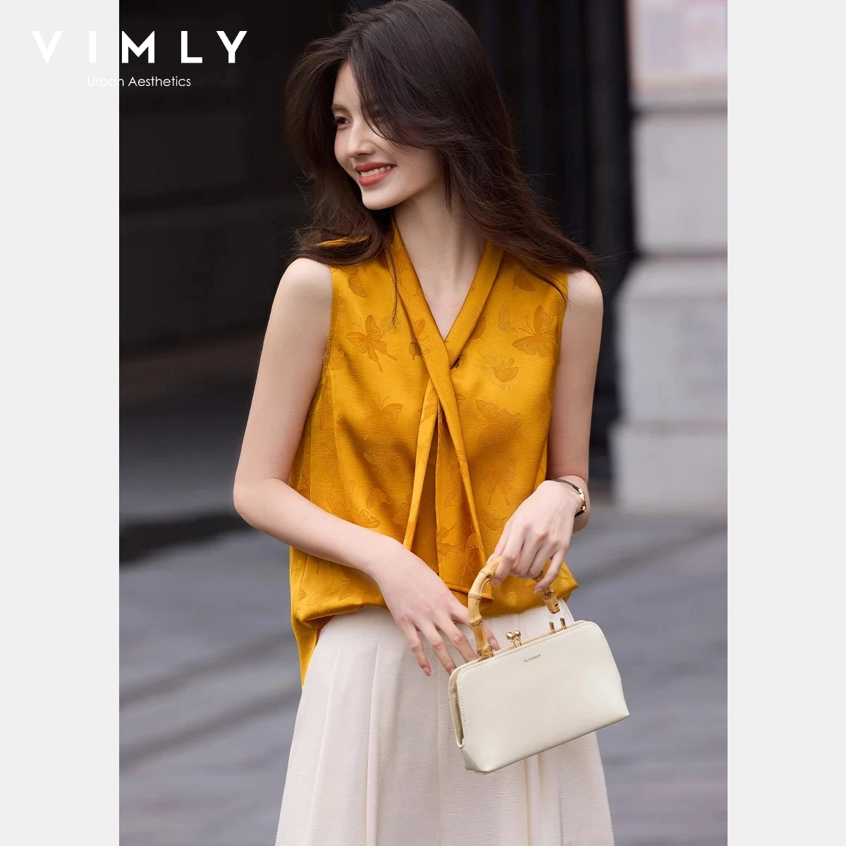

VIMLY Women's Streamer Sleeveless Shirt New Chinese Style Summer 2026 New Satin Pattern Jacquard Shirt Fashion Top A6627