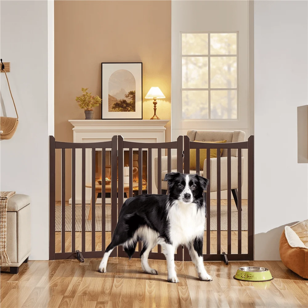 

36Tall Freestanding Wooden Pet Gate, ThreePanel Pet Puppy Fence With Two Support Feet
