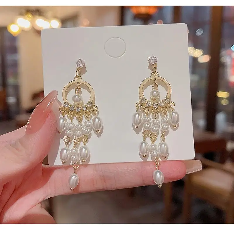 Elegant Long Pearl Tassel Earrings Fashionable Korean Style Women's Jewelry Alloy Plated Silver Gold Non Novelty Item