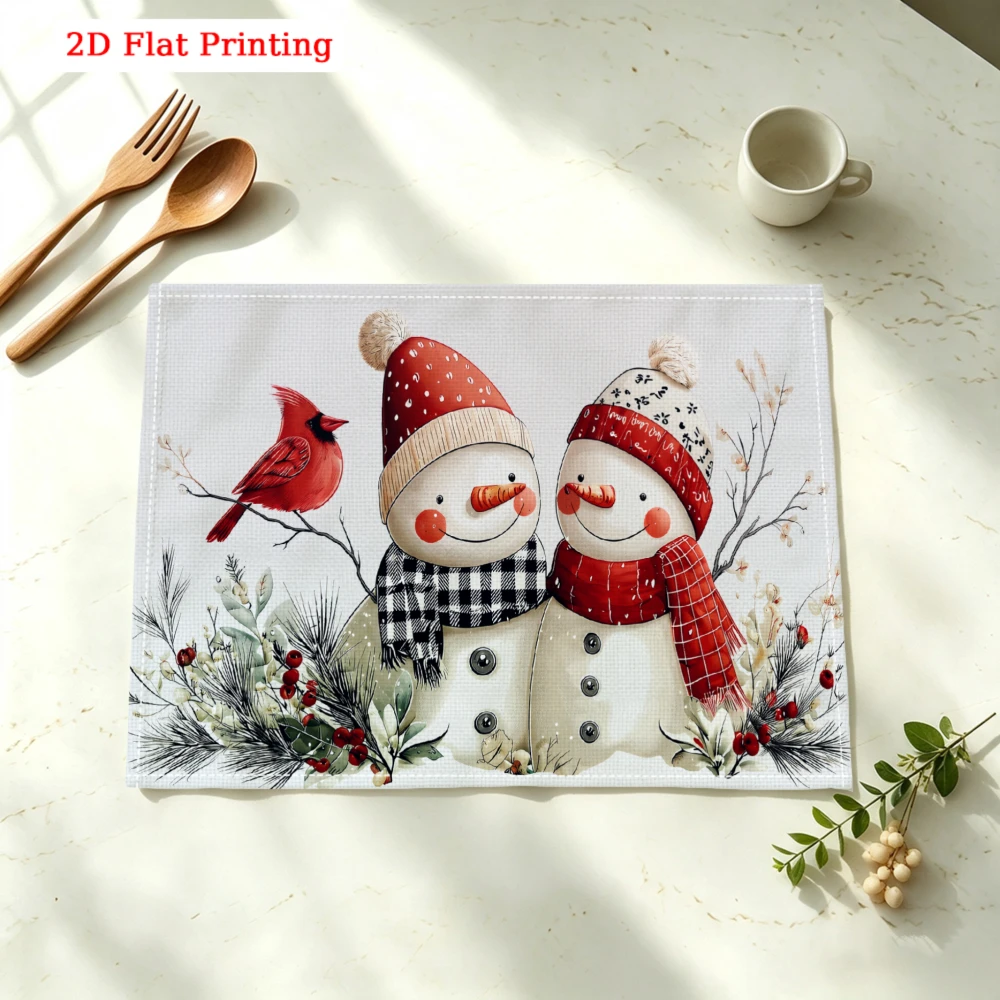 Snowmen With Red Bird Winter Scene Kitchen Placemat Coaster Linen Pad Dish Coffee Cup Table Mat 30x40cm Home Decor